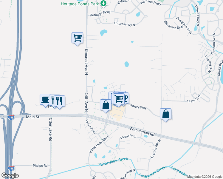map of restaurants, bars, coffee shops, grocery stores, and more near 4478 Rosemary Way in Hugo
