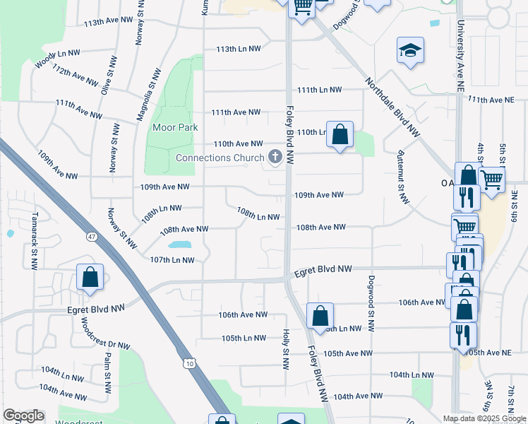 map of restaurants, bars, coffee shops, grocery stores, and more near 428 108th Lane Northwest in Minneapolis