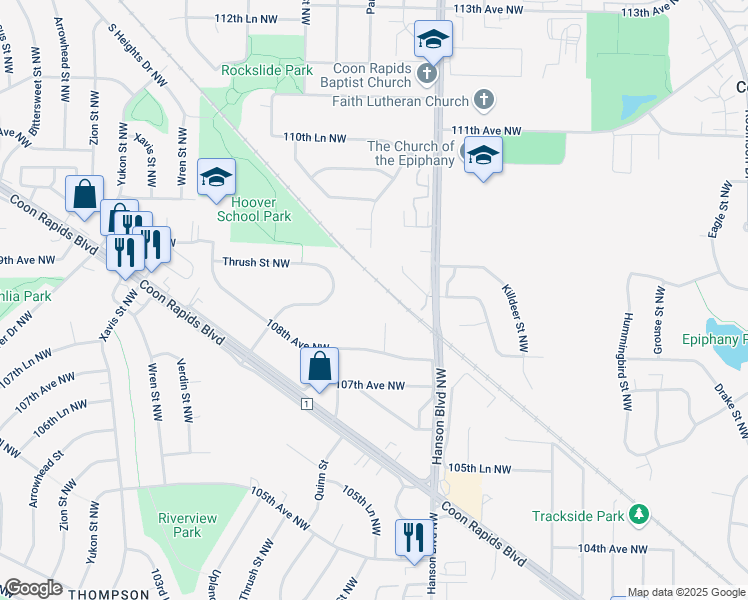 map of restaurants, bars, coffee shops, grocery stores, and more near in Coon Rapids