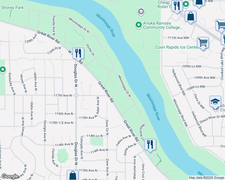 map of restaurants, bars, coffee shops, grocery stores, and more near 5933 Shephard Lane North in Champlin