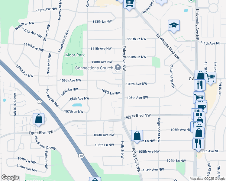 map of restaurants, bars, coffee shops, grocery stores, and more near 428 108th Lane Northwest in Minneapolis