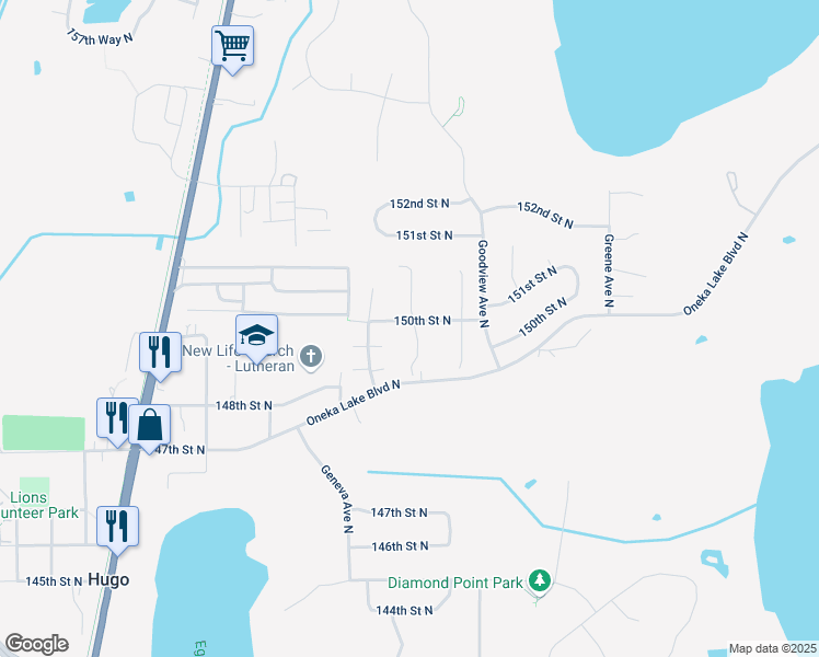 map of restaurants, bars, coffee shops, grocery stores, and more near 6109 150th Street North in Hugo