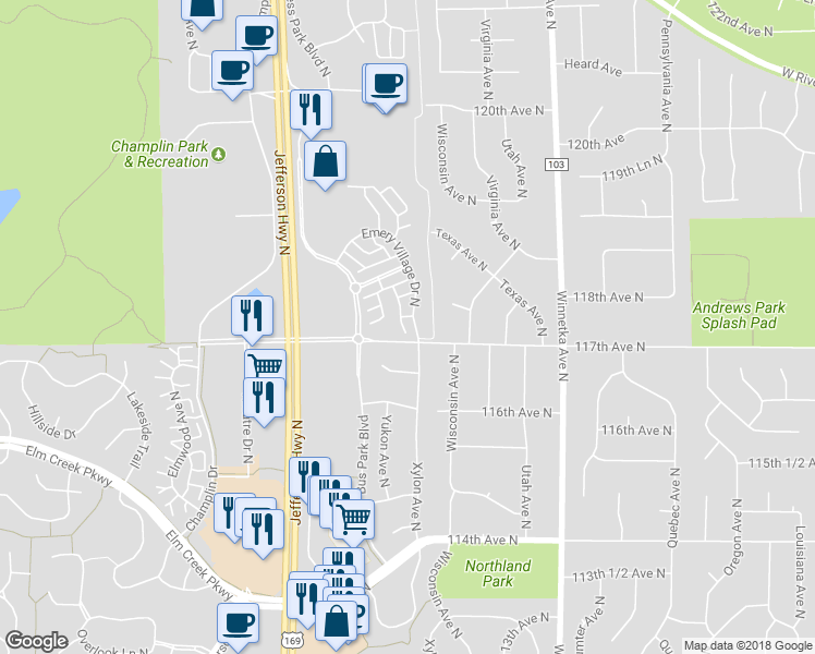 map of restaurants, bars, coffee shops, grocery stores, and more near 11713 Emery Village Drive North in Champlin