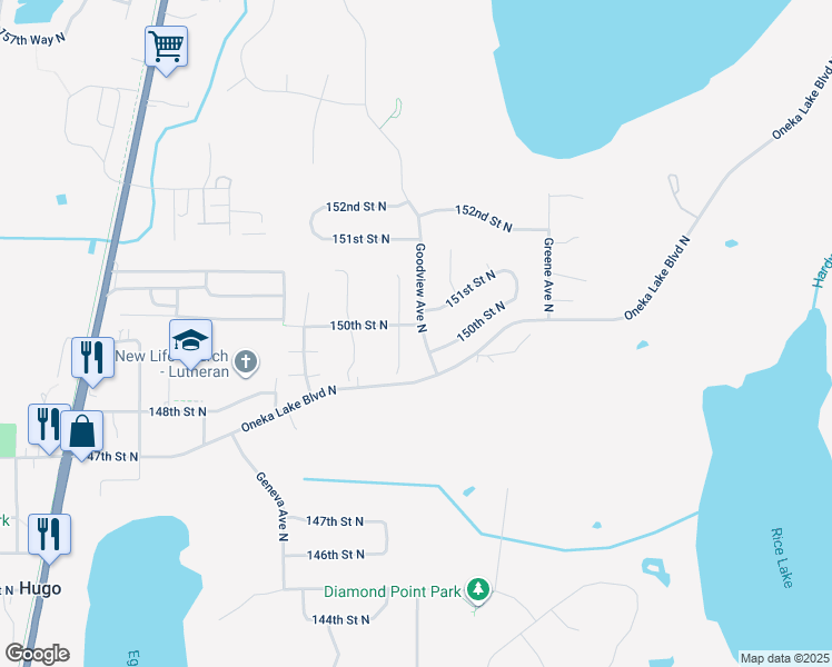 map of restaurants, bars, coffee shops, grocery stores, and more near in Hugo