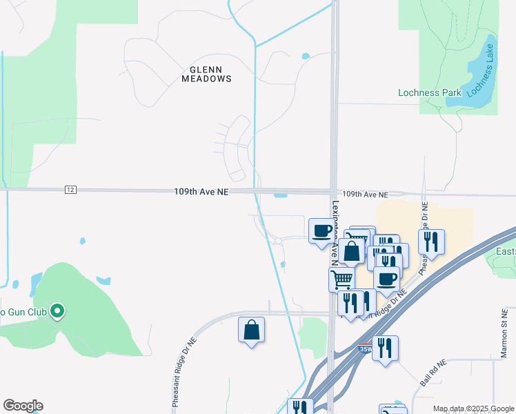 map of restaurants, bars, coffee shops, grocery stores, and more near 10840 Lexington Avenue Northeast in Circle Pines