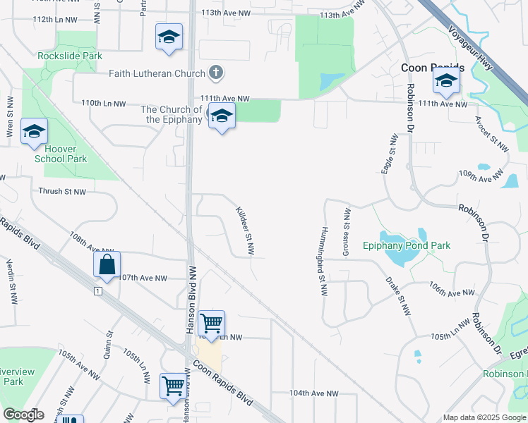 map of restaurants, bars, coffee shops, grocery stores, and more near in Coon Rapids