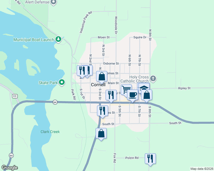 map of restaurants, bars, coffee shops, grocery stores, and more near 111 South 4th Street in Cornell