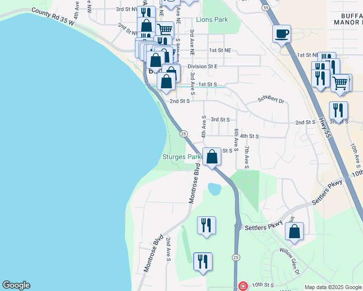 map of restaurants, bars, coffee shops, grocery stores, and more near 201 1st Street Northeast in Buffalo