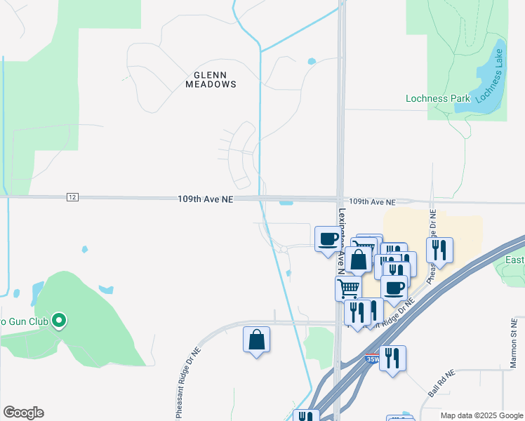 map of restaurants, bars, coffee shops, grocery stores, and more near 10840 Lexington Avenue Northeast in Circle Pines