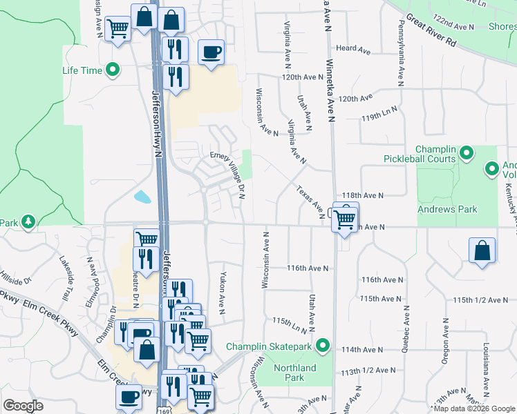 map of restaurants, bars, coffee shops, grocery stores, and more near 8208 117th Avenue North in Champlin