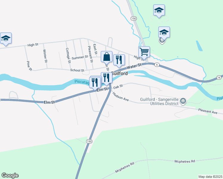 map of restaurants, bars, coffee shops, grocery stores, and more near 9 Oak Street in Guilford