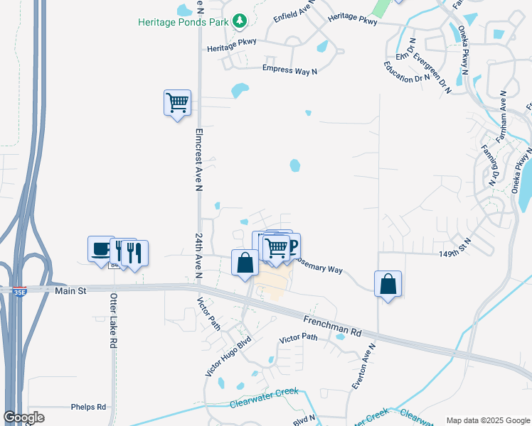 map of restaurants, bars, coffee shops, grocery stores, and more near 4498 Rosemary Way in Hugo