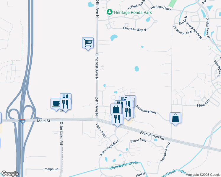 map of restaurants, bars, coffee shops, grocery stores, and more near 4399 150th Street North in Hugo