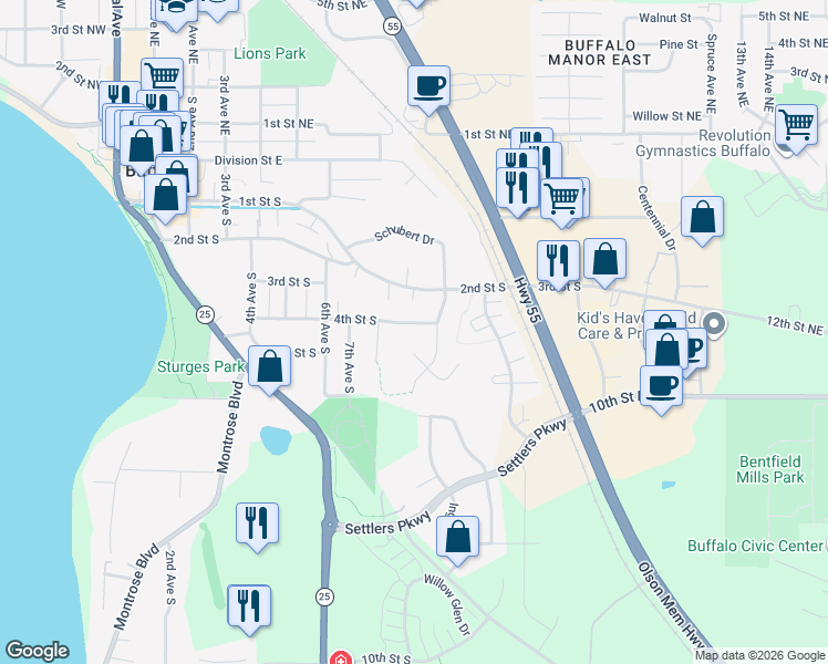 map of restaurants, bars, coffee shops, grocery stores, and more near 303 8th Avenue South in Buffalo