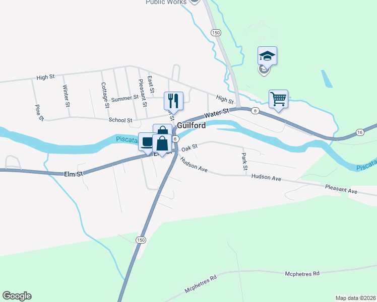 map of restaurants, bars, coffee shops, grocery stores, and more near 9 Oak Street in Guilford