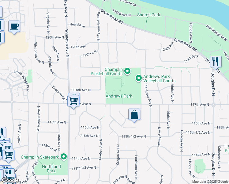 map of restaurants, bars, coffee shops, grocery stores, and more near 7200 117th Avenue North in Champlin