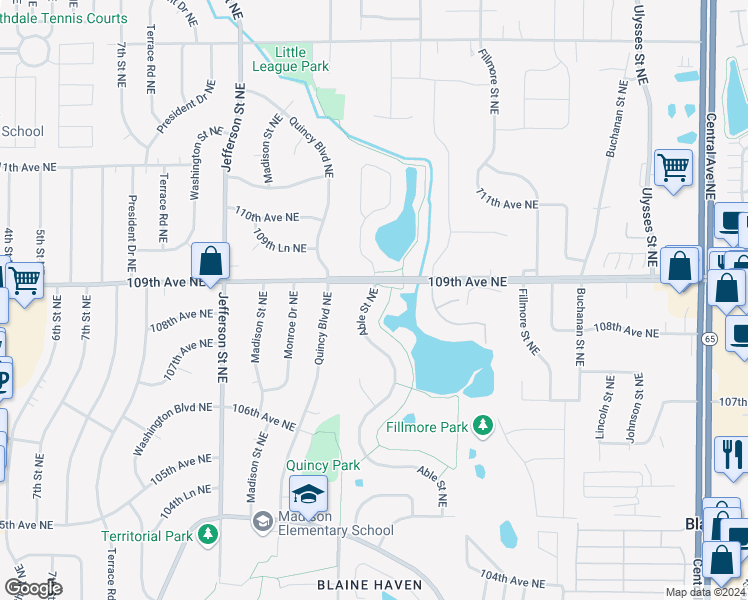 map of restaurants, bars, coffee shops, grocery stores, and more near 10889 Able Street Northeast in Blaine