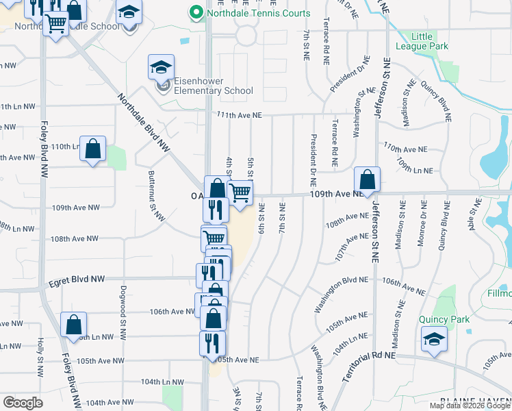 map of restaurants, bars, coffee shops, grocery stores, and more near 10850 6th Street Northeast in Blaine