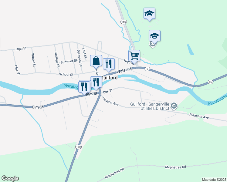 map of restaurants, bars, coffee shops, grocery stores, and more near 9 Oak Street in Guilford