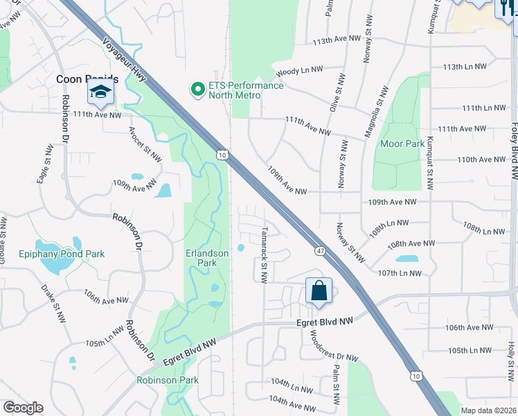map of restaurants, bars, coffee shops, grocery stores, and more near 10936 Unity Street Northwest in Coon Rapids