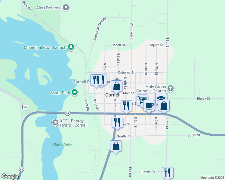 map of restaurants, bars, coffee shops, grocery stores, and more near 117 North 3rd Street in Cornell