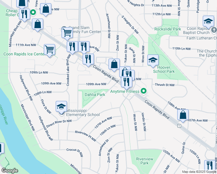 map of restaurants, bars, coffee shops, grocery stores, and more near 10850 Direct River Drive Northwest in Coon Rapids
