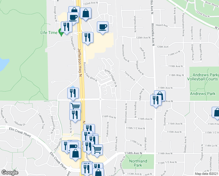 map of restaurants, bars, coffee shops, grocery stores, and more near 11773 Emery Village Drive North in Champlin
