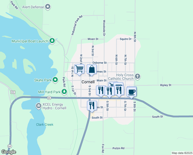 map of restaurants, bars, coffee shops, grocery stores, and more near 112 North 4th Street in Cornell