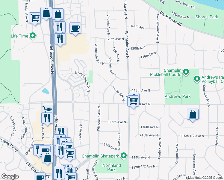 map of restaurants, bars, coffee shops, grocery stores, and more near 11741 Virginia Avenue North in Champlin