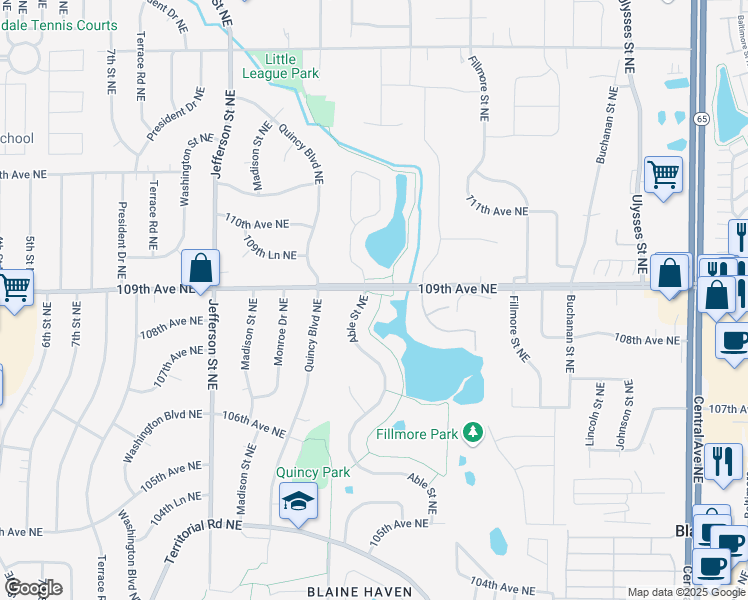 map of restaurants, bars, coffee shops, grocery stores, and more near 10889 Able Street Northeast in Blaine