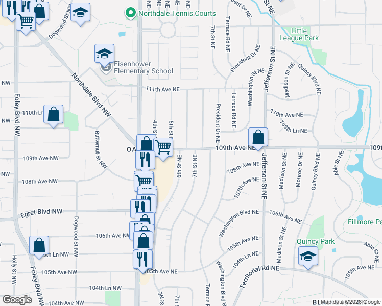 map of restaurants, bars, coffee shops, grocery stores, and more near 130 109th Avenue Northeast in Blaine