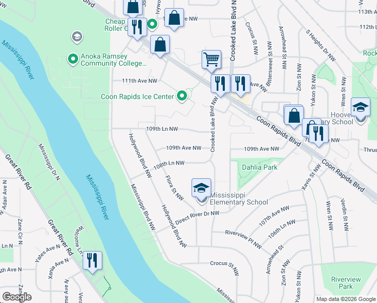 map of restaurants, bars, coffee shops, grocery stores, and more near 2940 109th Avenue Northwest in Coon Rapids
