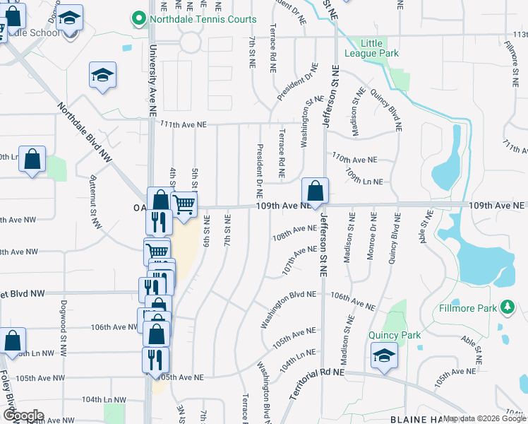map of restaurants, bars, coffee shops, grocery stores, and more near 260 109th Avenue Northeast in Blaine