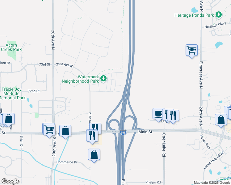 map of restaurants, bars, coffee shops, grocery stores, and more near Interstate 35E in Lino Lakes
