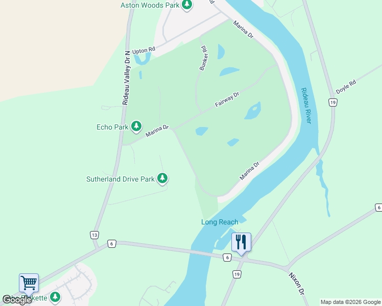 map of restaurants, bars, coffee shops, grocery stores, and more near 6636 Marina Drive in Ottawa