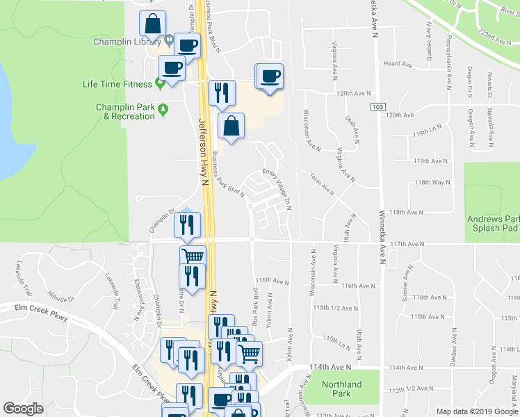 map of restaurants, bars, coffee shops, grocery stores, and more near 8509 Emery Parkway North in Champlin