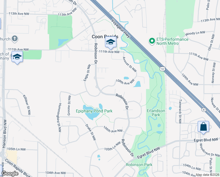map of restaurants, bars, coffee shops, grocery stores, and more near 1428 109th Avenue Northwest in Coon Rapids
