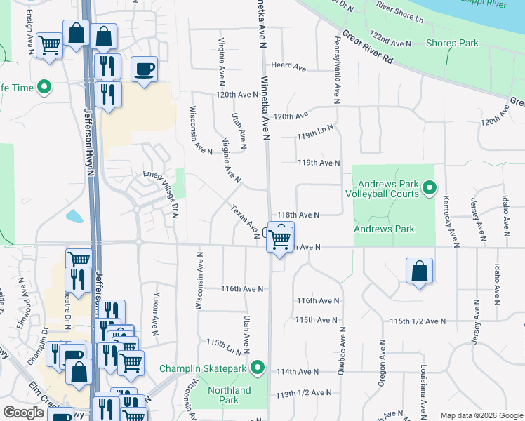 map of restaurants, bars, coffee shops, grocery stores, and more near 11725 Winnetka Avenue North in Champlin