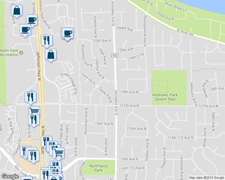 map of restaurants, bars, coffee shops, grocery stores, and more near 11725 Winnetka Avenue North in Champlin