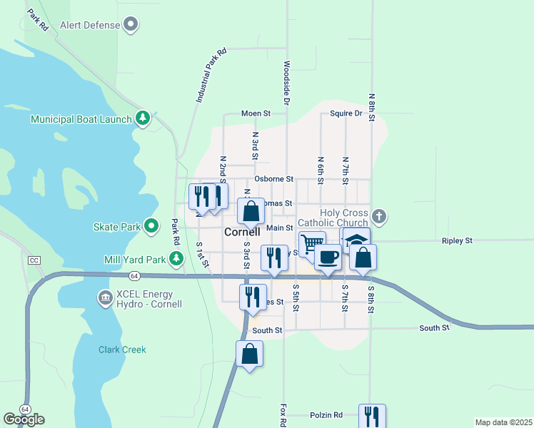 map of restaurants, bars, coffee shops, grocery stores, and more near 112 North 4th Street in Cornell