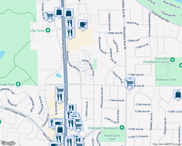 map of restaurants, bars, coffee shops, grocery stores, and more near 11773 Emery Village Drive North in Champlin