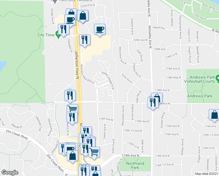 map of restaurants, bars, coffee shops, grocery stores, and more near 11773 Emery Village Drive North in Champlin