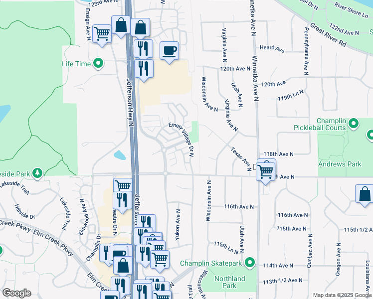 map of restaurants, bars, coffee shops, grocery stores, and more near 11773 Emery Village Drive North in Champlin
