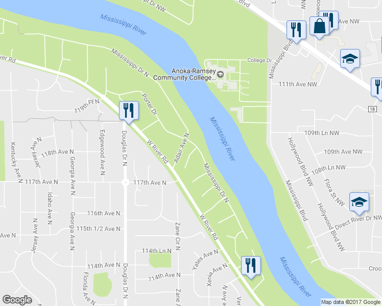 map of restaurants, bars, coffee shops, grocery stores, and more near 5933 Shephard Lane North in Champlin