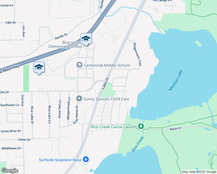 map of restaurants, bars, coffee shops, grocery stores, and more near 7204 Lake Drive in Circle Pines