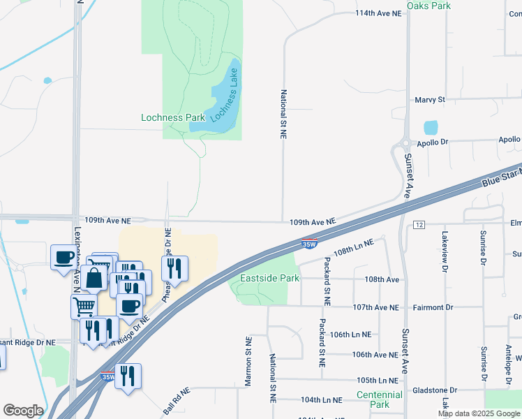 map of restaurants, bars, coffee shops, grocery stores, and more near 10900 National Street Northeast in Blaine
