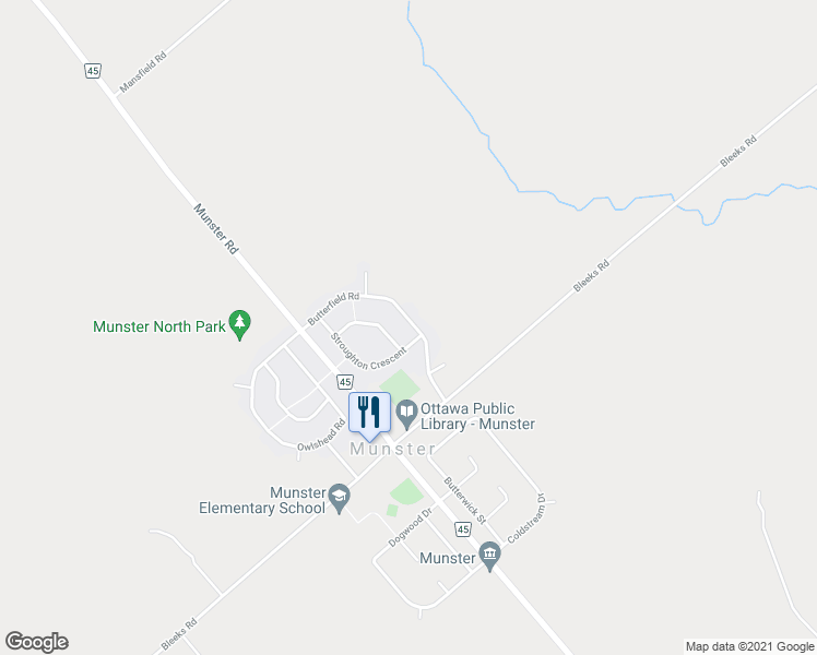 map of restaurants, bars, coffee shops, grocery stores, and more near 36 Butterfield Road in Ottawa