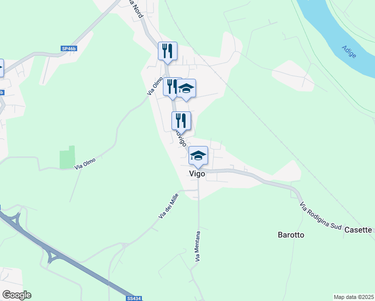 map of restaurants, bars, coffee shops, grocery stores, and more near 74 Via Rovigo in Legnago