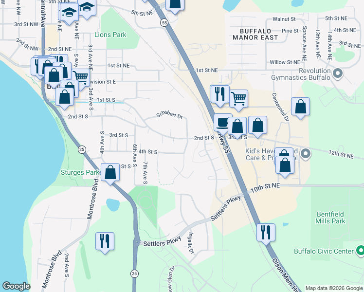 map of restaurants, bars, coffee shops, grocery stores, and more near 303 8th Avenue South in Buffalo