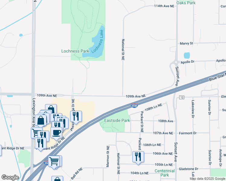 map of restaurants, bars, coffee shops, grocery stores, and more near 10900 National Street Northeast in Blaine